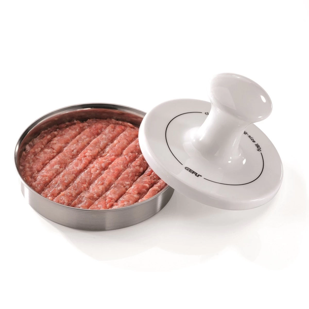 GEFU Burgerpresse Für 120g/180g Patties - Edelstahl/Porzellan - D: 12cm 1 GEFU Burgerpresse Für 120g/180g Patties - Edelstahl/Porzellan - D: 12cm