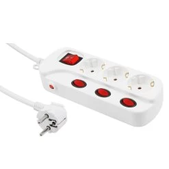 3-fach Steckdosenleiste Mit Einzelschalter, Weiß, 1,5m Zuleitung - Max 3600W - Kindersicherung
