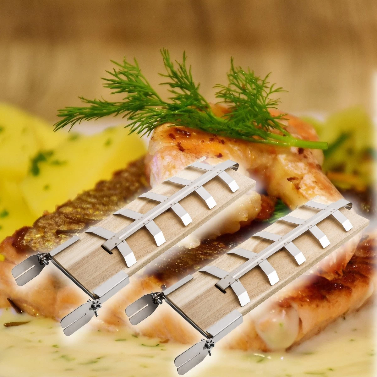 2 X Flammlachsbrett Lanceolata Tanne - Mit Edelstahl Gestellen - 44 X 15,5 X 1,5cm 2 2 X Flammlachsbrett Lanceolata Tanne - Mit Edelstahl Gestellen - 44 X 15,5 X 1,5cm – Bild 2