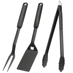 Grillbesteckset PURO Schwarz - Gabel, Spatel, Zange - Werkzeug Für BBQ Und Plancha - 3er Set