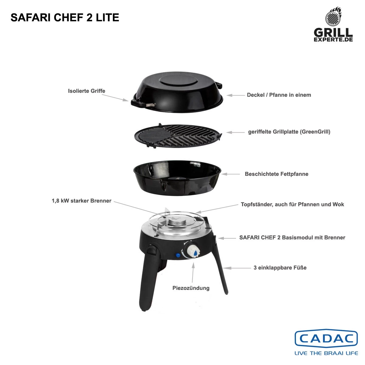 CADAC SAFARI CHEF 30 LITE LP FLEX 50mbar - Inkl. Topfständer, Grillrost, Pfanne/Deckel 3 CADAC SAFARI CHEF 30 LITE LP FLEX 50mbar - Inkl. Topfständer, Grillrost, Pfanne/Deckel – Bild 3
