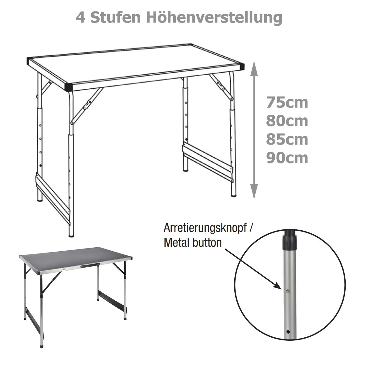 Camping Tisch / Universaltisch 100x60cm - Teleskopfüße (75/80/85/90cm) - Tragbar, Leichtes Aluminium 4 Camping Tisch / Universaltisch 100x60cm - Teleskopfüße (75/80/85/90cm) - Tragbar, Leichtes Aluminium – Bild 4