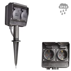 Gartensteckdose 2fach - IP44 - 3m Zuleitung - Max 16A - Mit Erdspieß Und Deckeln
